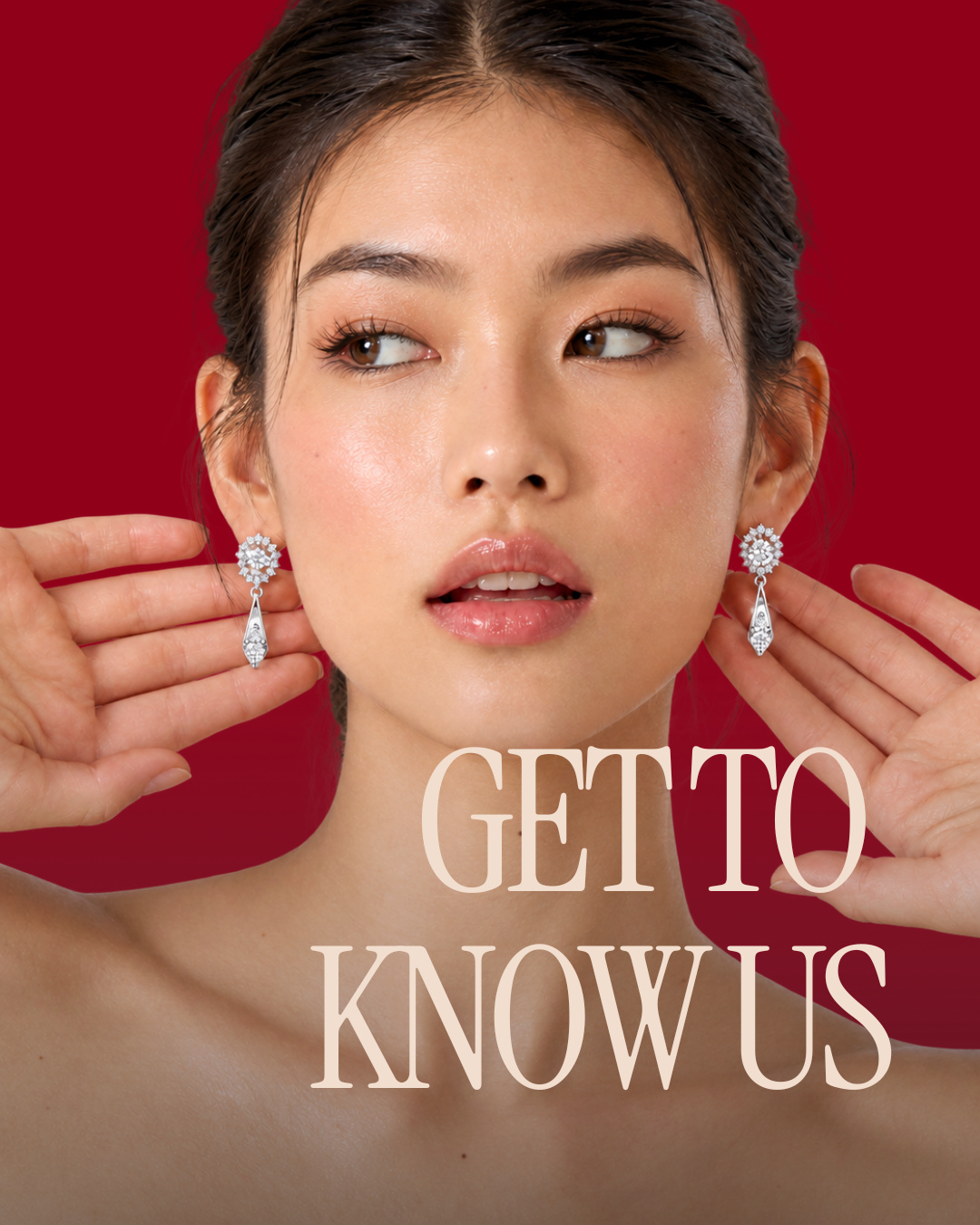 Close-up portrait of a woman holding two drop earrings at her ears against a red background, with the text 'Get to know us' (slide 1 of 4)