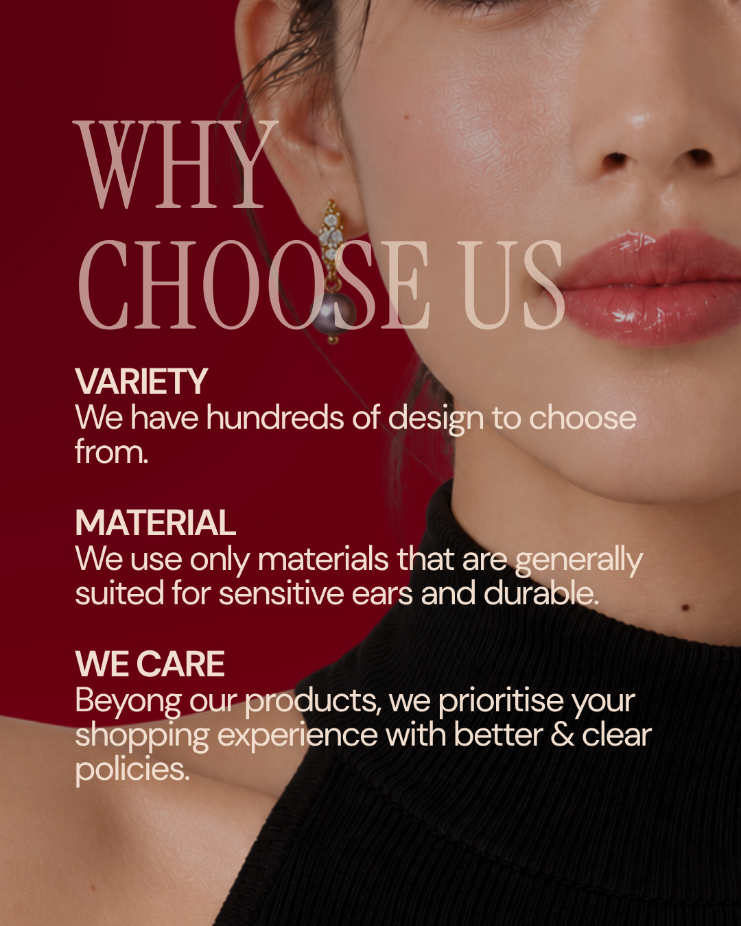 Close-up of a woman's face and a pearl drop earring, with the text 'Why choose us' and three points: variety, material and care (slide 3 of 4)
