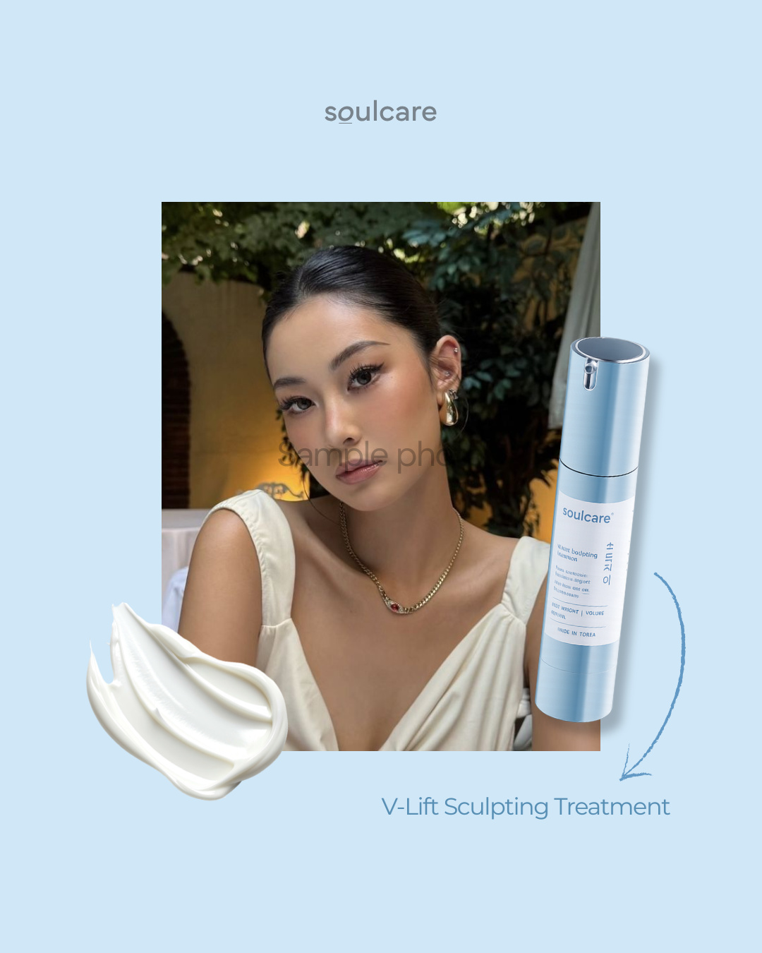 Skincare slide: a portrait of a woman beside a blue pump bottle and a swirl of cream, labelled 'V-Lift Sculpting Treatment' (slide 1 of 3)