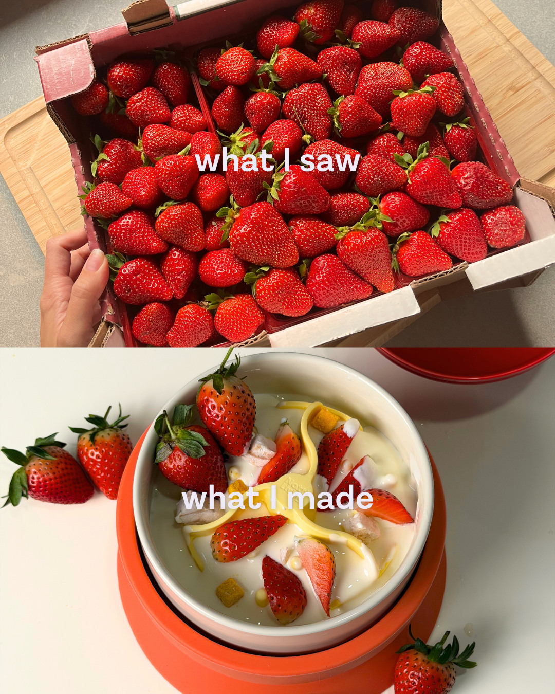 Strawberry slide: a box of fresh strawberries above a pet bowl filled with yogurt and strawberry pieces, captioned 'what I saw' and 'what I made' (slide 1 of 2)