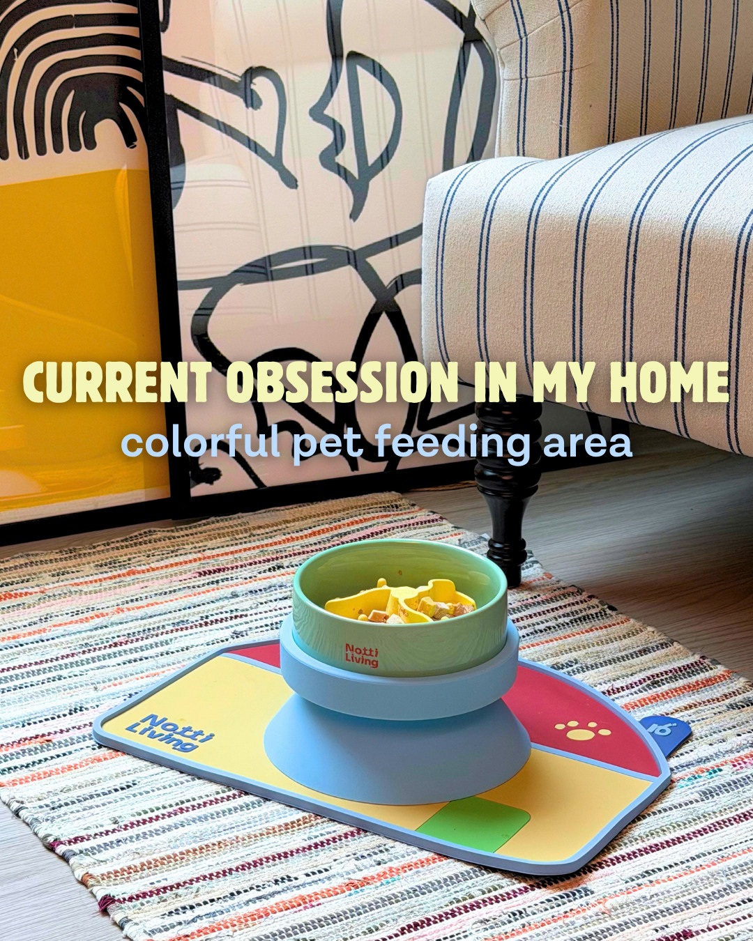 Slide titled 'current obsession in my home: colorful pet feeding area', showing a ceramic pet bowl on a colorful mat over a striped rug (slide 1 of 4)