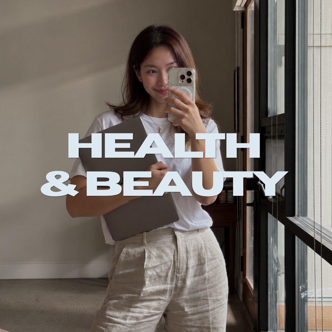 Health & Beauty: a woman in a white t-shirt taking a mirror selfie while holding a laptop, with the title 'Health & Beauty'