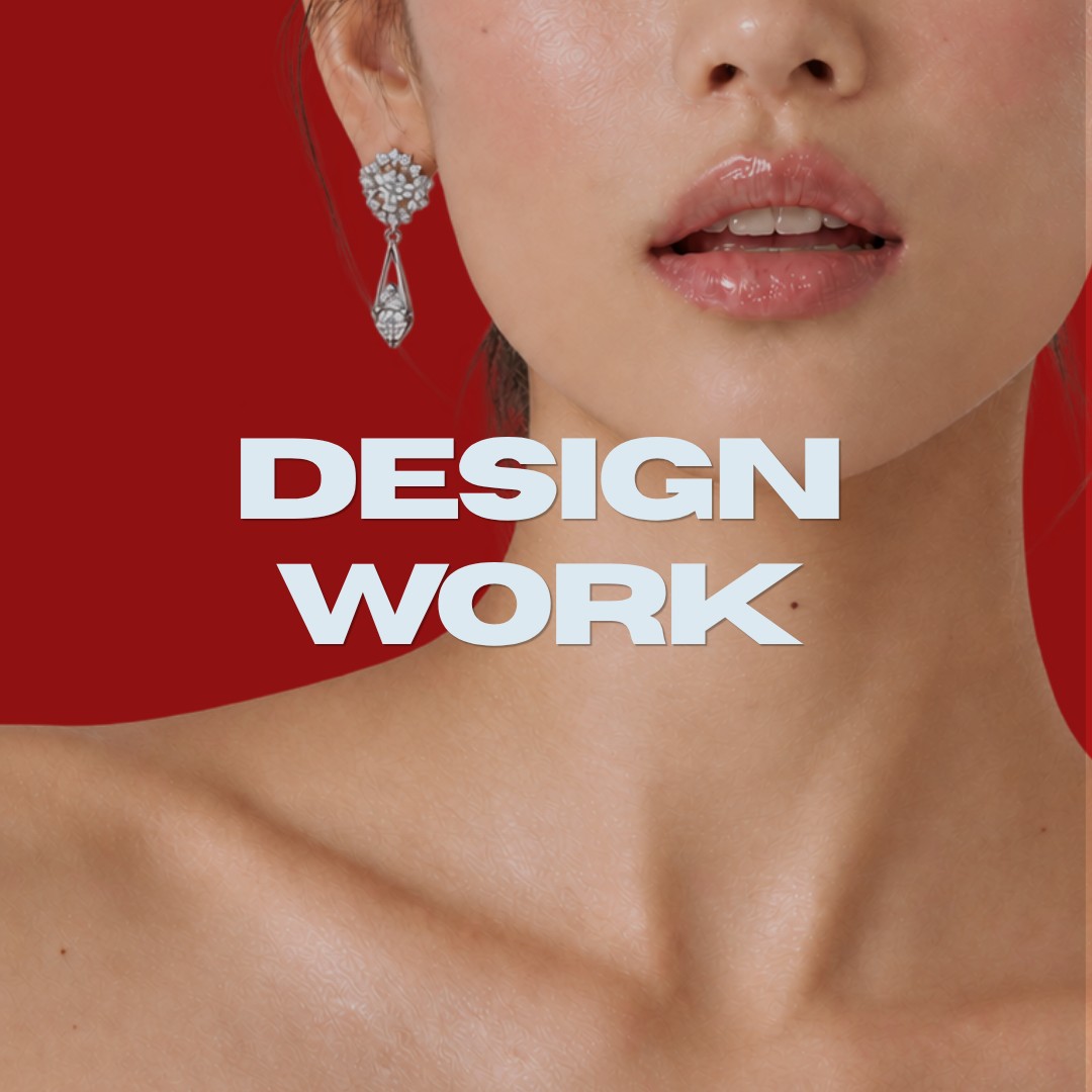 Design Work: close-up of a woman's lips, neck and a drop earring against a red background, with the title 'Design Work'